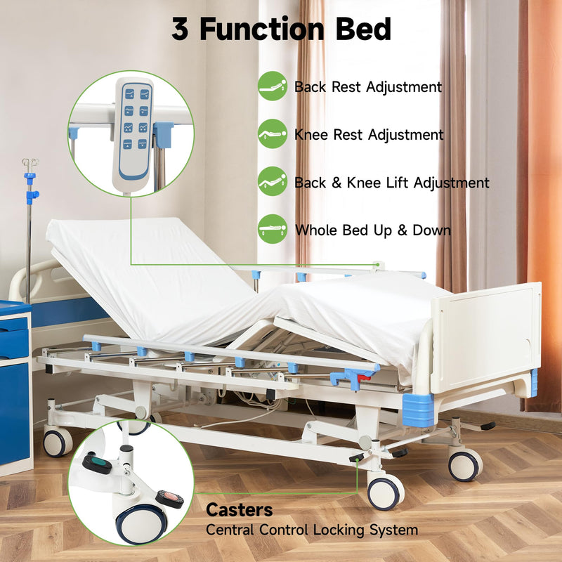Real Relax Premium 3 Function Full Electric Hospital Bed (with Mattress & IV Pole), Premium Medical Hospital Beds, with Locking Casters, Motor.