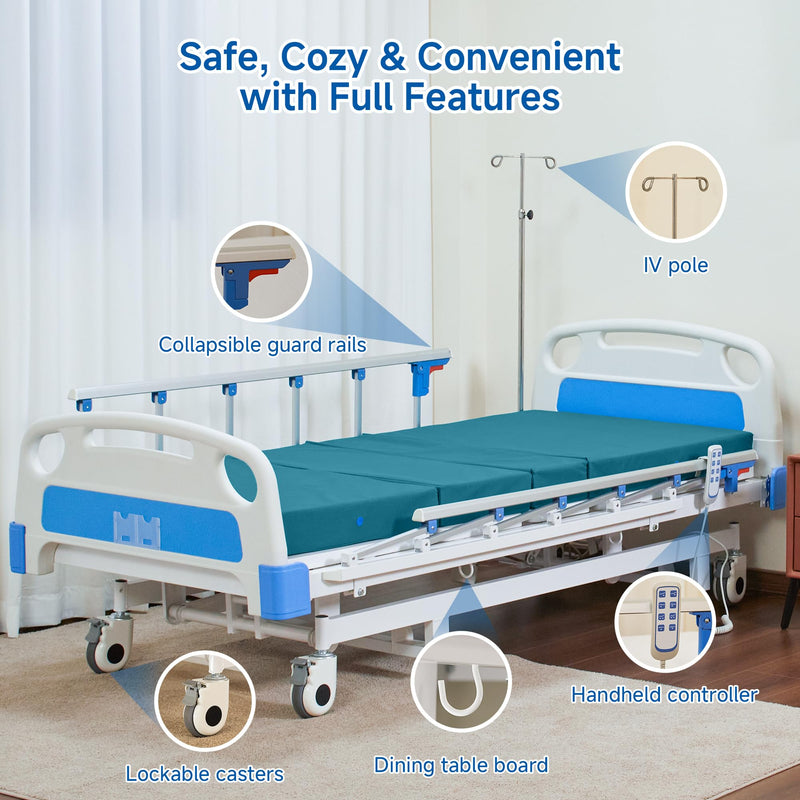 Real Relax Premium 3 Function Full Electric Hospital Bed (with Mattress & IV Pole), Premium Medical Hospital Beds, with Locking Casters, Motor.