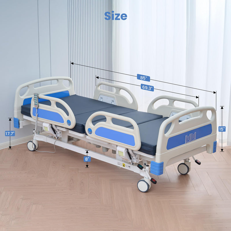 Careboda Premium 5 Function Full Electric Hospital Bed, Hospital Bed with PU Advanced Mattress, Quiet Wheels & IV Pole, ICU Electric Medical Bed with Core Motor, 85" x 44", 530lbs, Hospital & Home Use