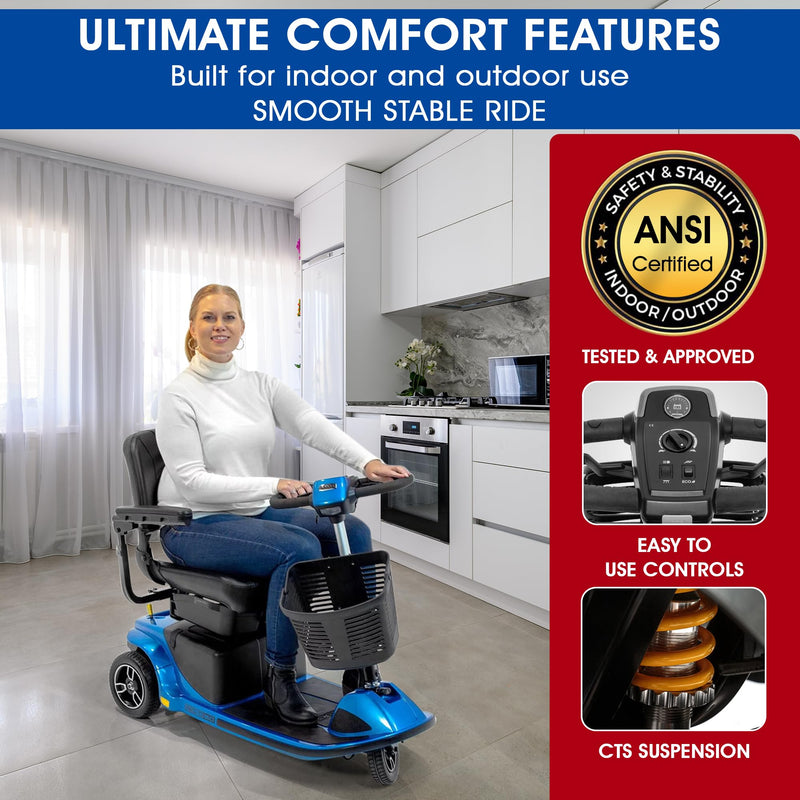 Pride Mobility Revo 3 Wheel Heavy Duty Mobility Scooter + Rear Storage Pod, Cell Phone Holder, Rear Basket, 400 Lbs Weight Capacity, CTS Suspension, 20" Wide Seat, LED Lights, Warranty (Blue)