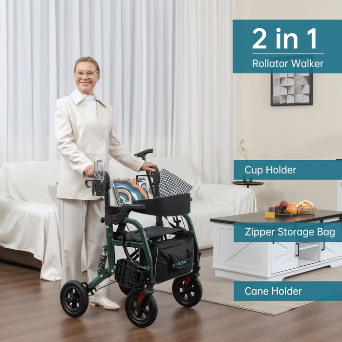 ELENKER Rollator Walker Transport Wheelchair Combo with Shock Absorber, 2 in 1 Rolling Walker with Seat, All Terrain Wheels for Seniors, Red