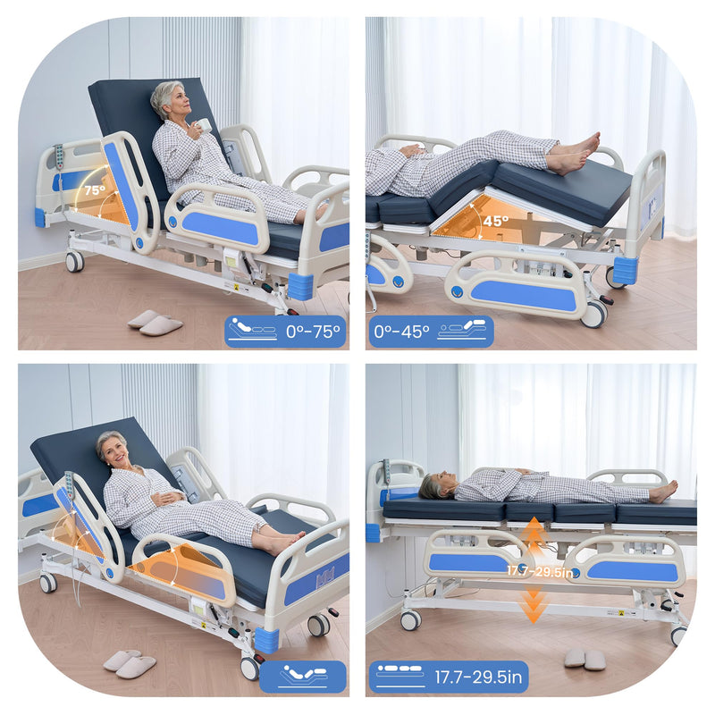 Careboda Premium 5 Function Full Electric Hospital Bed, Hospital Bed with PU Advanced Mattress, Quiet Wheels & IV Pole, ICU Electric Medical Bed with Core Motor, 85" x 44", 530lbs, Hospital & Home Use