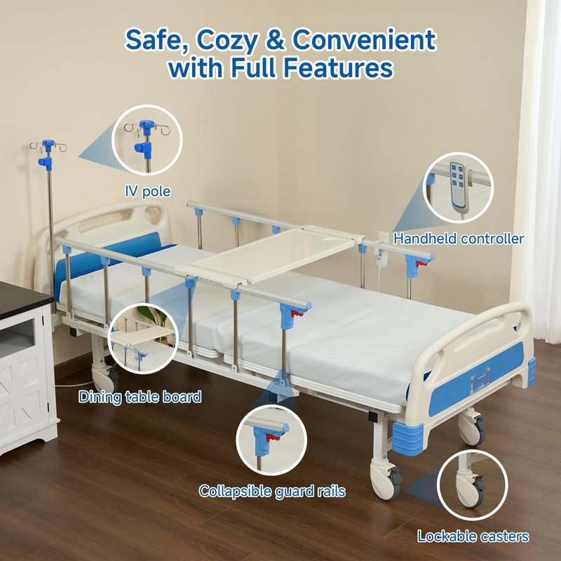 Real Relax Premium 3 Function Full Electric Hospital Bed (with Mattress & IV Pole), Premium Medical Hospital Beds, with Locking Casters, Motor.