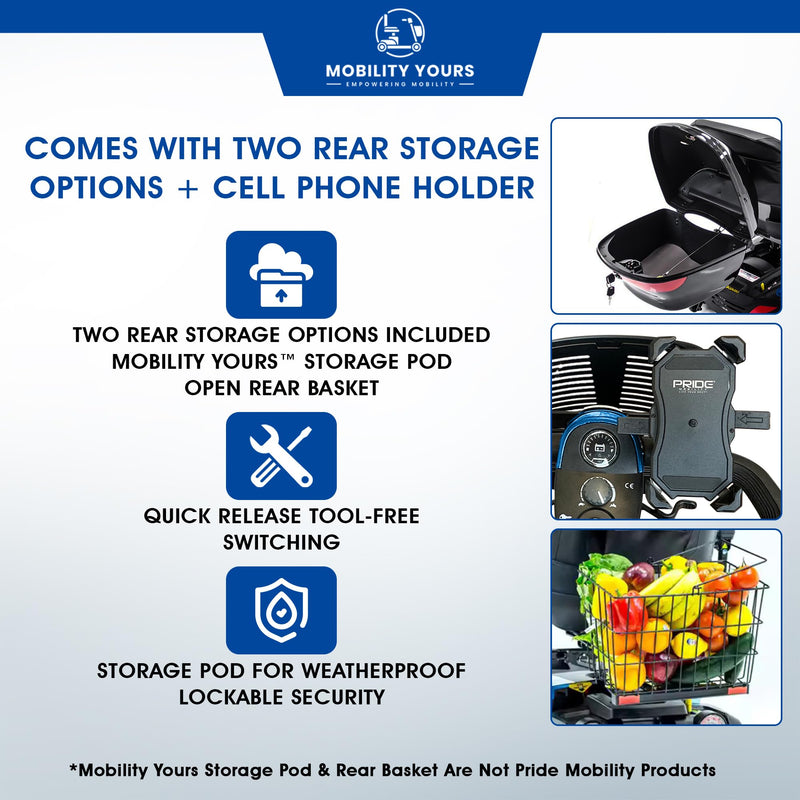 Pride Mobility Revo 3 Wheel Heavy Duty Mobility Scooter + Rear Storage Pod, Cell Phone Holder, Rear Basket, 400 Lbs Weight Capacity, CTS Suspension, 20" Wide Seat, LED Lights, Warranty (Blue)