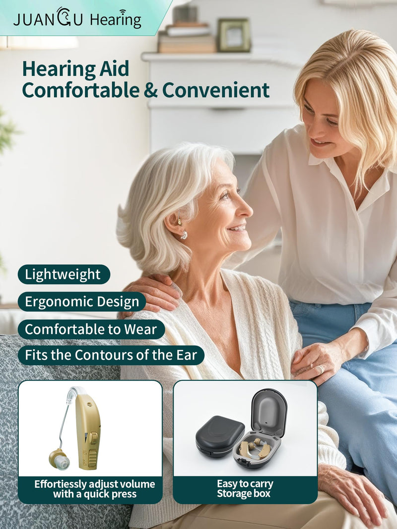 JUANGU Hearing Aids Rechargeable OTC BTE Hearing Amplifiers for Seniors with DSP Processing System Noise Reduction Volume Control Invisible Design (Beige)