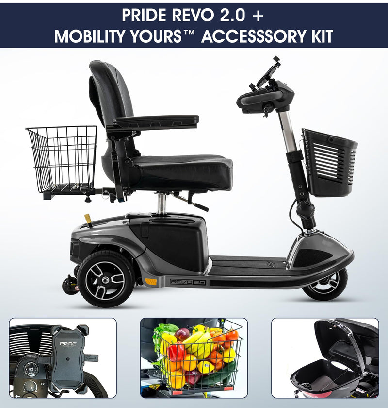 Pride Mobility Revo 3 Wheel Heavy Duty Mobility Scooter + Rear Storage Pod, Cell Phone Holder, Rear Basket, 400 Lbs Weight Capacity, CTS Suspension, 20" Wide Seat, LED Lights, Warranty (Blue)