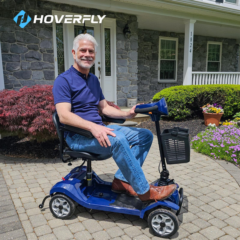 Hoverfly T4 Mobility Scooter, 4-Wheel Mobility Scooter for Adults - 12.4 Miles Range, 3.7 mph, Smart Safety Features, Removed Battery, Rotating Swivel Seat, Headlight, Basket, Charger Included Blue