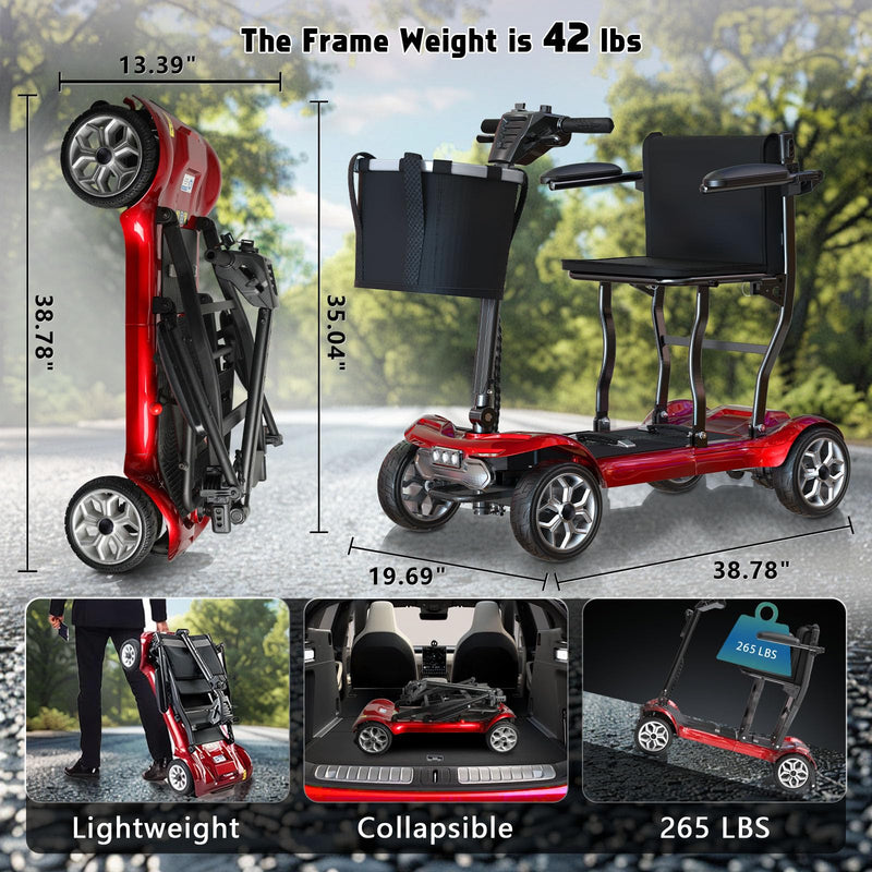 Hassky 4-Wheel Lightweight Folding Mobility Scooters for Seniors, 22-Mile Range Powered Mobility Scooter for Adults All Terrain Motorized Scooter for Travel with 2 Detachable Batteries & Charger