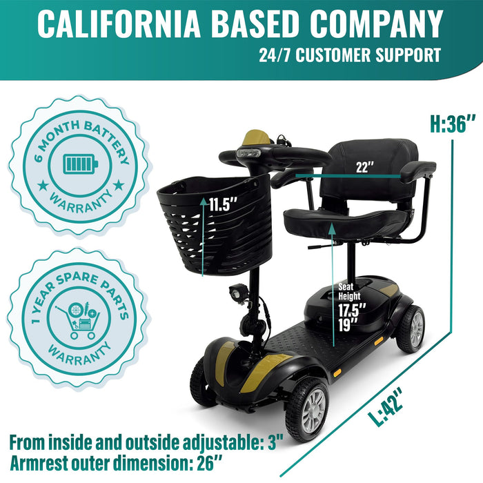 MALISA Mobility Scooters for Adults, Powered Mobility Scooter for Seniors with Seat, Long Range Mobility Scooter, 330 lbs Weight Capacity, 4 Wheel Power Motorized Scooter (Gold, 30 Miles)