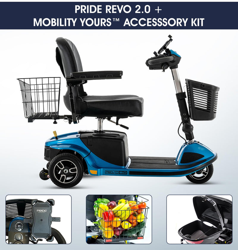 Pride Mobility Revo 3 Wheel Heavy Duty Mobility Scooter + Rear Storage Pod, Cell Phone Holder, Rear Basket, 400 Lbs Weight Capacity, CTS Suspension, 20" Wide Seat, LED Lights, Warranty (Blue)