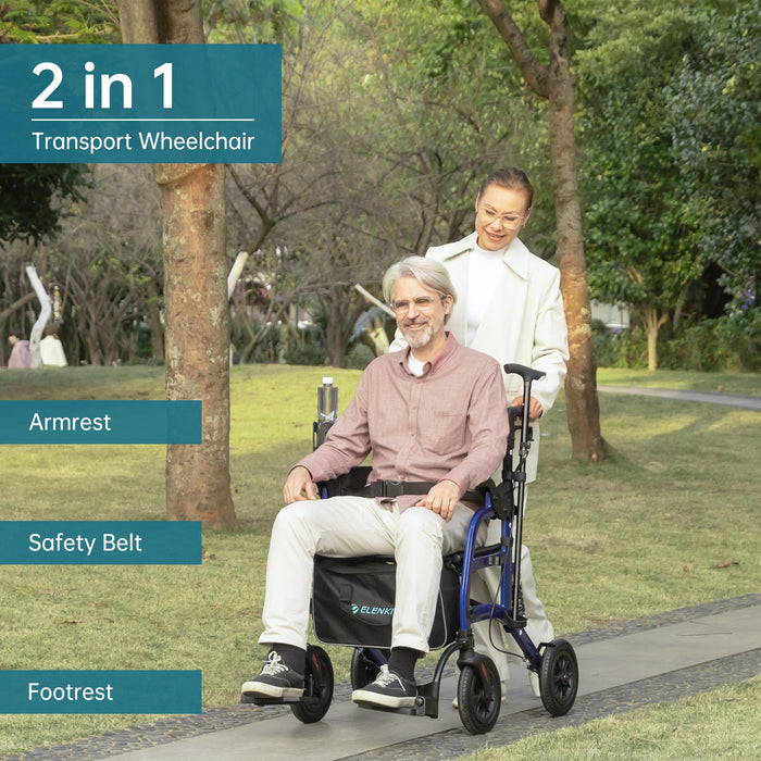 ELENKER Rollator Walker Transport Wheelchair Combo with Shock Absorber, 2 in 1 Rolling Walker with Seat, All Terrain Wheels for Seniors, Red