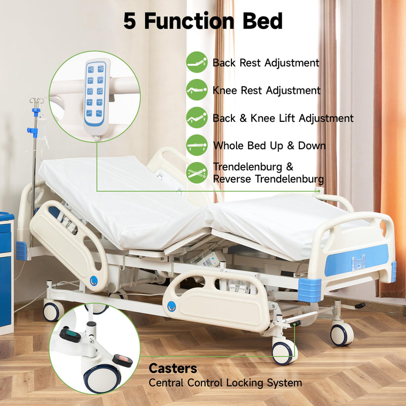 Real Relax Premium 3 Function Full Electric Hospital Bed (with Mattress & IV Pole), Premium Medical Hospital Beds, with Locking Casters, Motor.