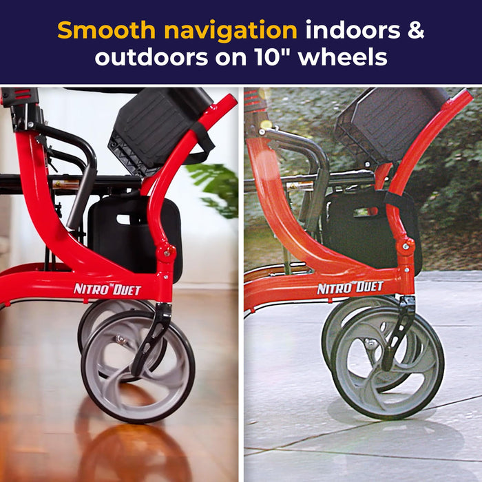 Drive Medical Nitro Dual Function Transport Wheelchair and Rollator Rolling Walker Combo with Hand Activated Brakes and Back Support, Red