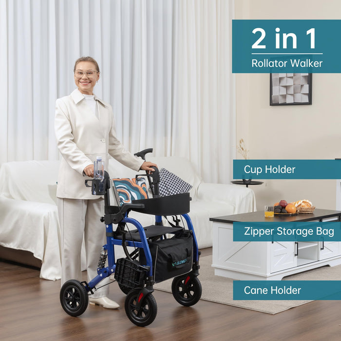 ELENKER Rollator Walker Transport Wheelchair Combo with Shock Absorber, 2 in 1 Rolling Walker with Seat, All Terrain Wheels for Seniors, Red
