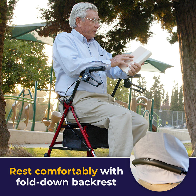 Drive Medical 10257BL-1 4 Wheel Rollator Walker With Seat, Steel Rolling Walker, Height Adjustable, 7.5" Wheels, Removable Back Support, 300 Pound Weight Capacity, Blue