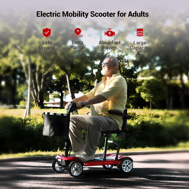 Hassky 4-Wheel Lightweight Folding Mobility Scooters for Seniors, 22-Mile Range Powered Mobility Scooter for Adults All Terrain Motorized Scooter for Travel with 2 Detachable Batteries & Charger