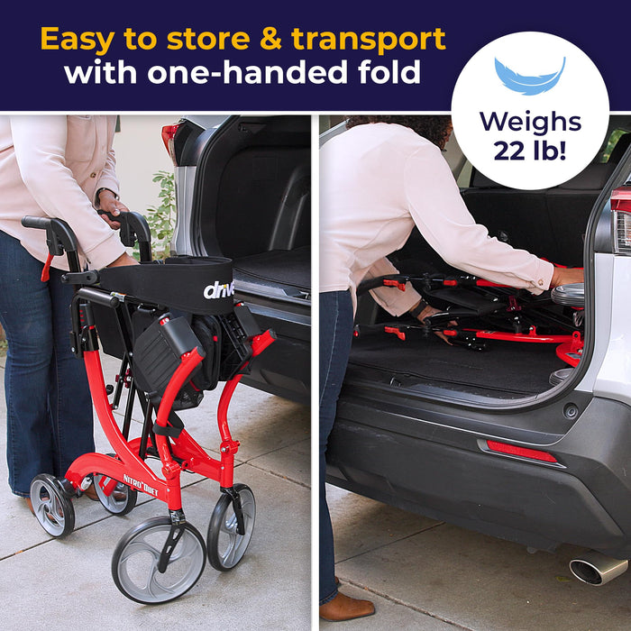 Drive Medical Nitro Dual Function Transport Wheelchair and Rollator Rolling Walker Combo with Hand Activated Brakes and Back Support, Red