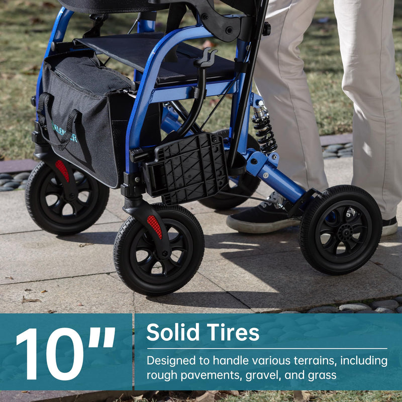 ELENKER Rollator Walker Transport Wheelchair Combo with Shock Absorber, 2 in 1 Rolling Walker with Seat, All Terrain Wheels for Seniors, Red