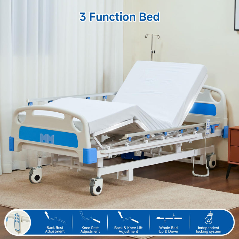 Real Relax Premium 3 Function Full Electric Hospital Bed (with Mattress & IV Pole), Premium Medical Hospital Beds, with Locking Casters, Motor.