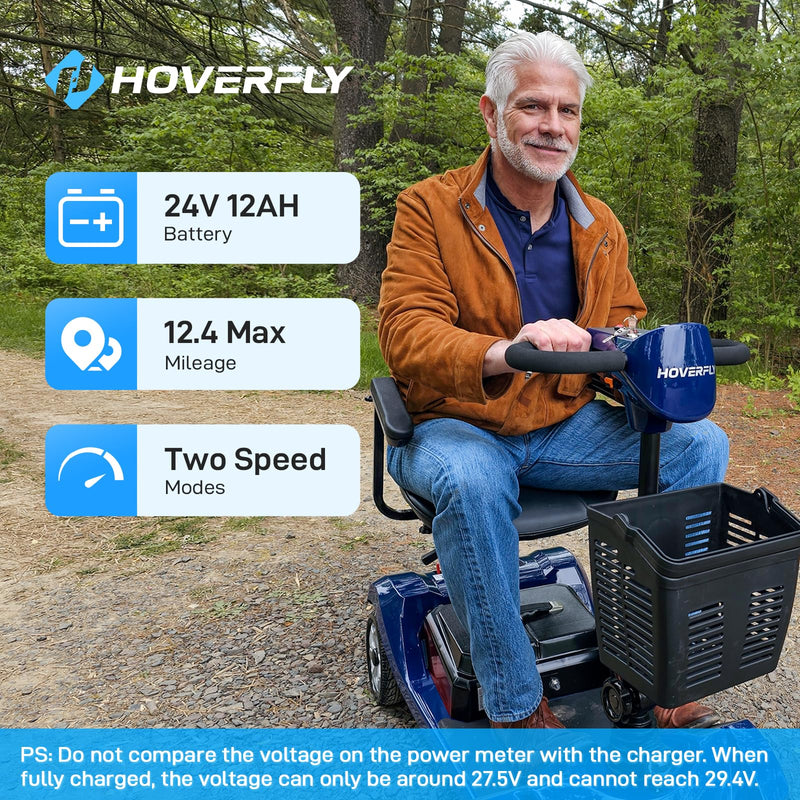 Hoverfly T4 Mobility Scooter, 4-Wheel Mobility Scooter for Adults - 12.4 Miles Range, 3.7 mph, Smart Safety Features, Removed Battery, Rotating Swivel Seat, Headlight, Basket, Charger Included Blue